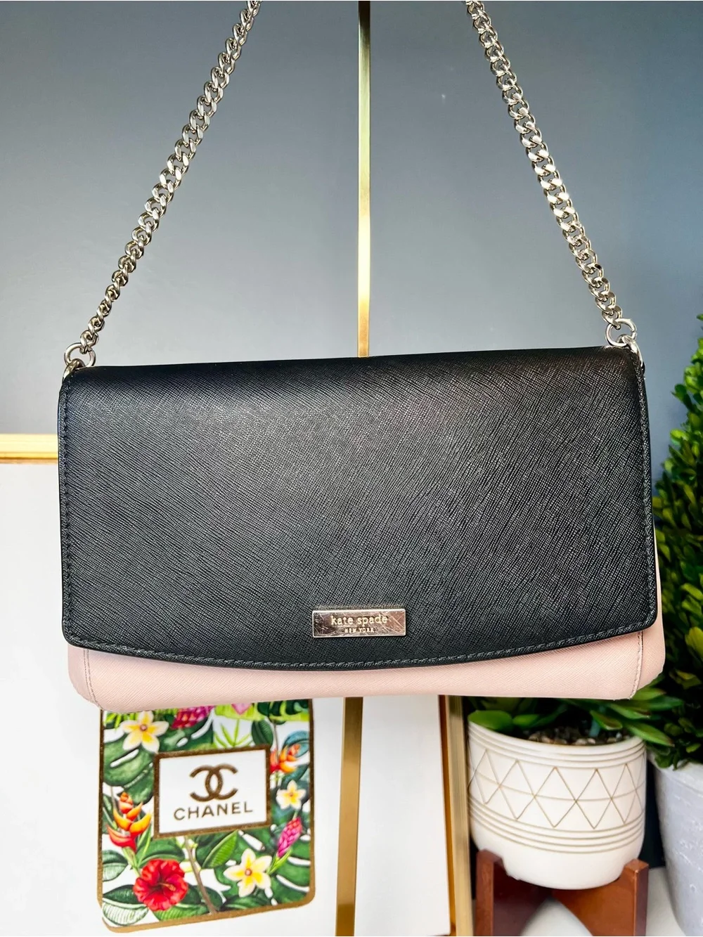 Kate Spade New York Black Blush Saffiano Leather Chain Shoulder Handbag Purse